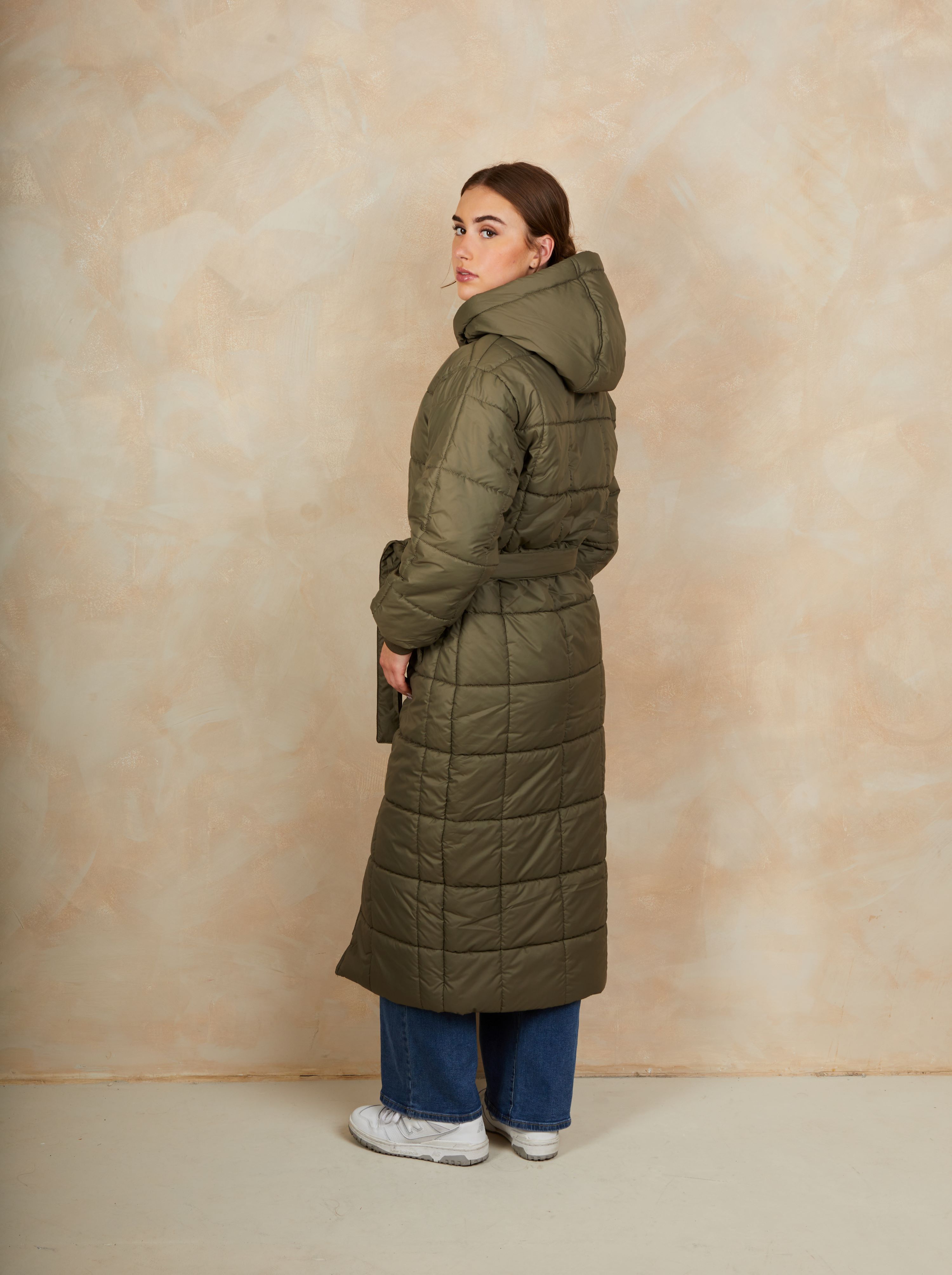 Check Padded Longline Belted Coat in Khaki