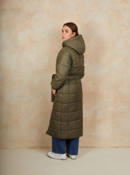 Check Padded Longline Belted Coat in Khaki