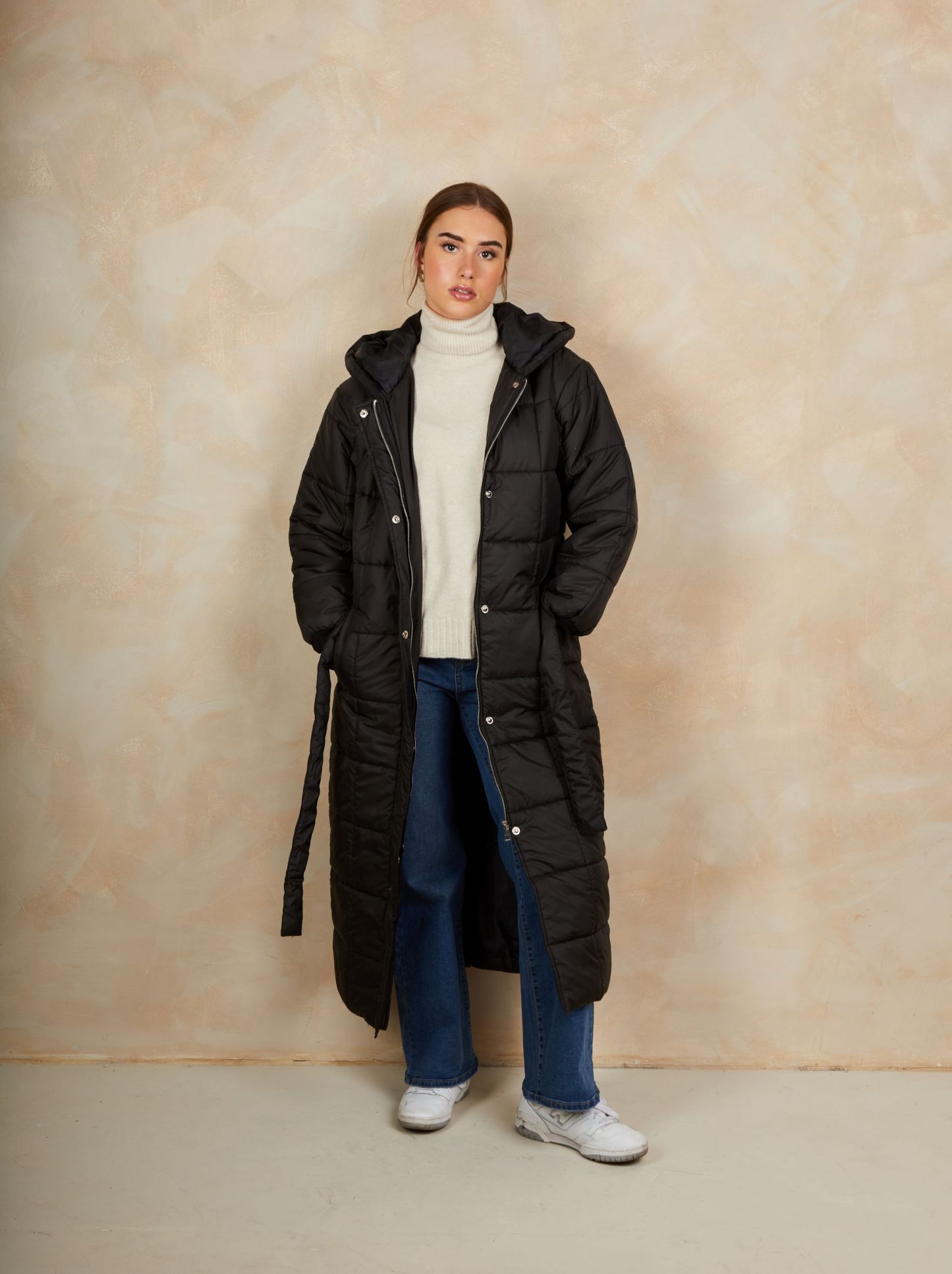 Check Padded Longline Belted Coat in Black