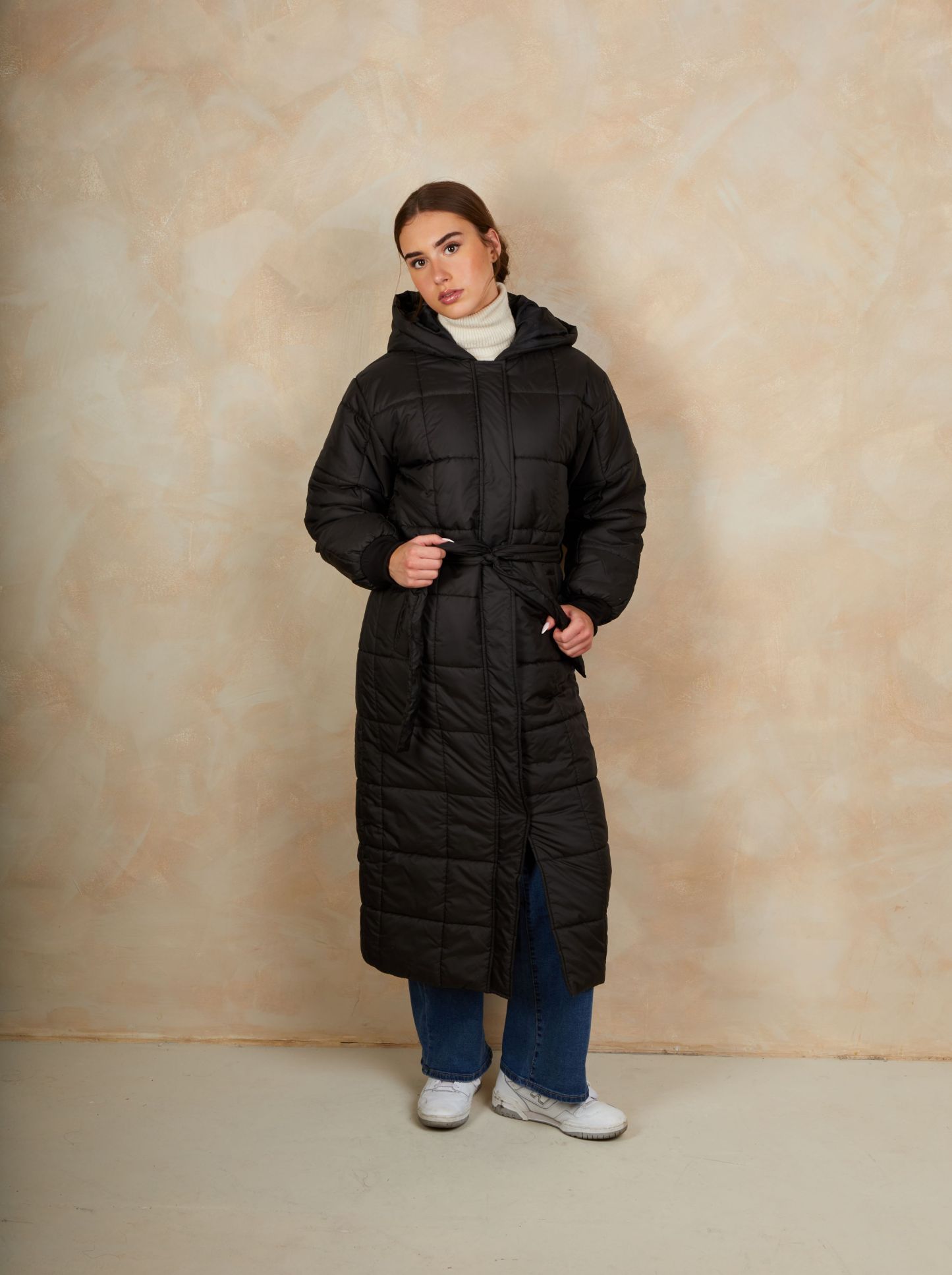Check Padded Longline Belted Coat in Black