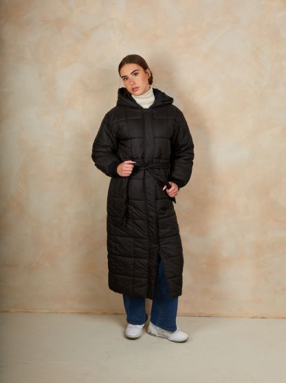 Check Padded Longline Belted Coat in Black
