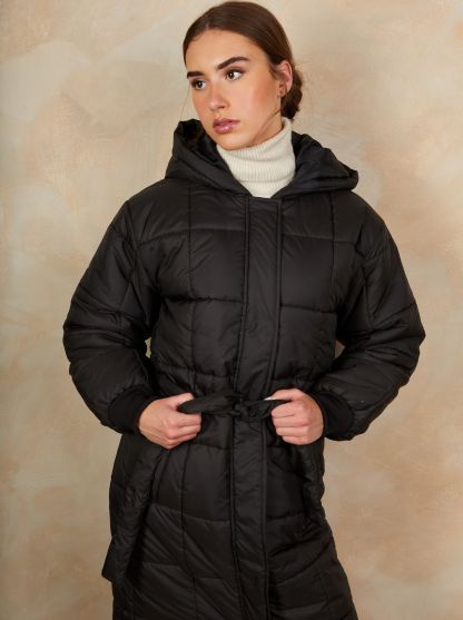 Check Padded Longline Belted Coat in Black