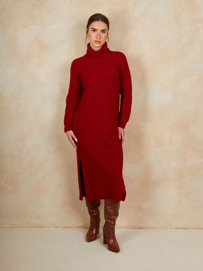 Roll Neck Oversized Jumper Dress in Red