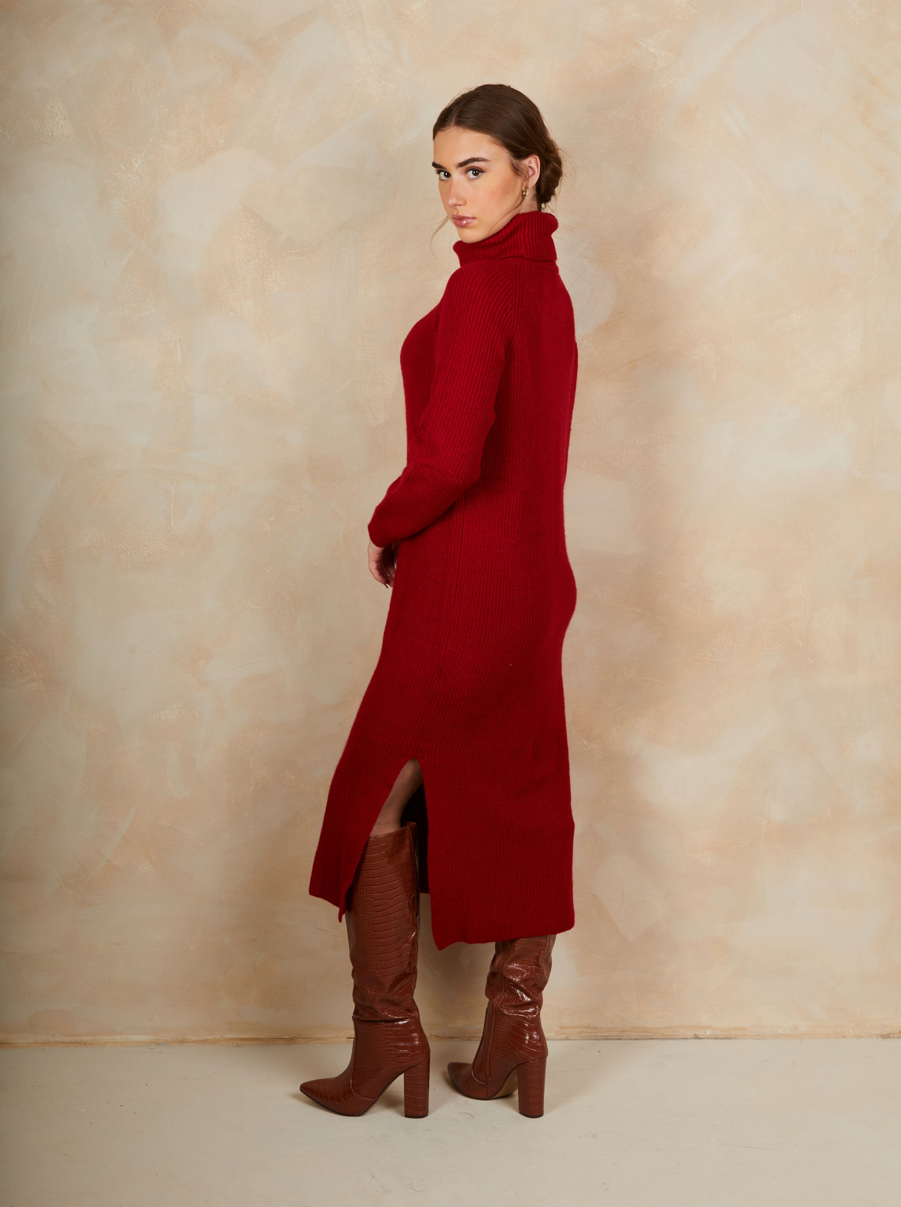 Roll Neck Oversized Jumper Dress in Red