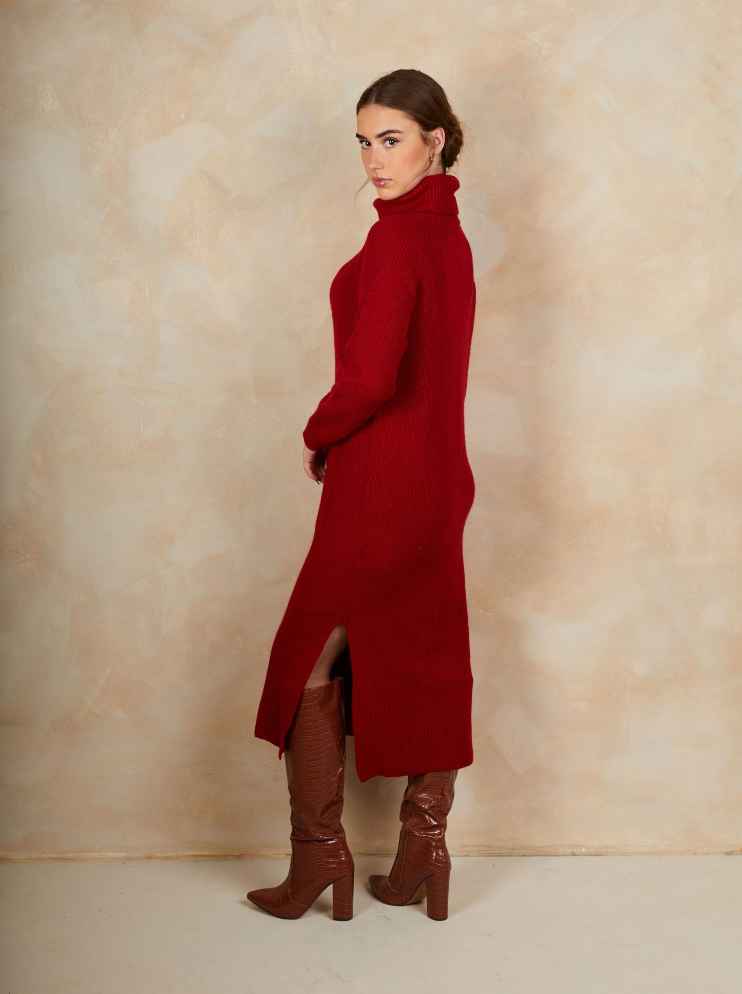 Roll Neck Oversized Jumper Dress in Red