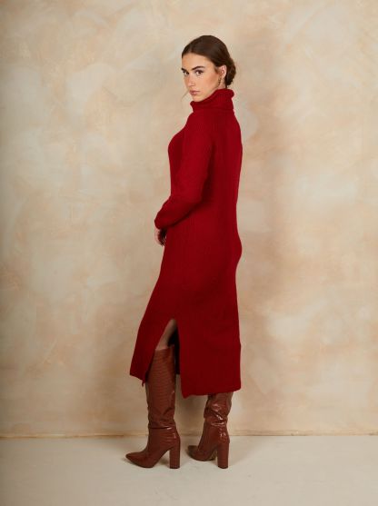 Roll Neck Oversized Jumper Dress in Red