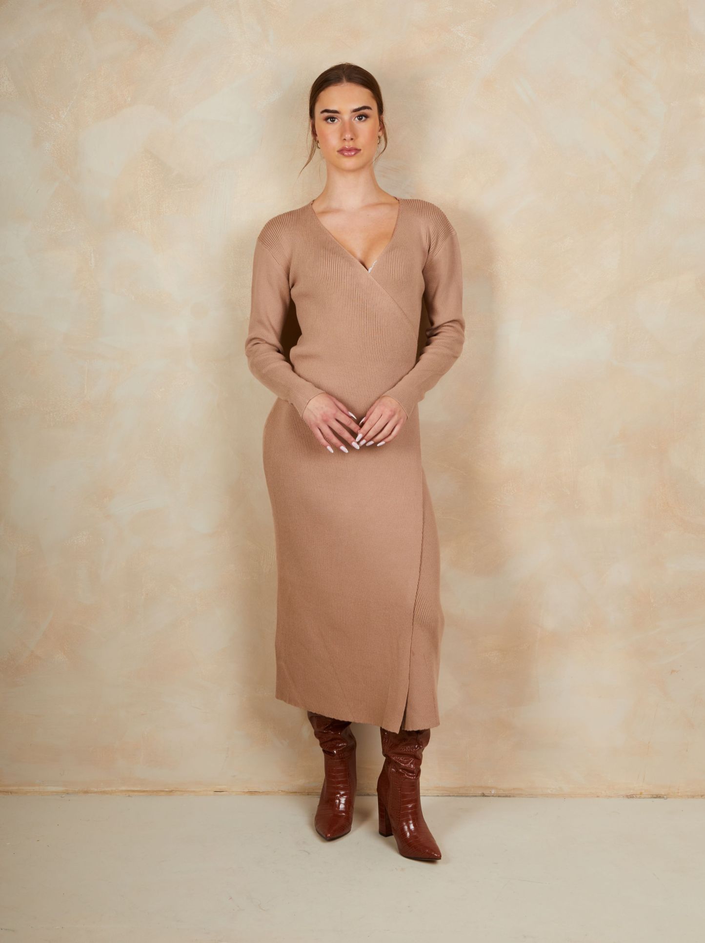 Wrap Split Side Knitted Midi Dress in Camel