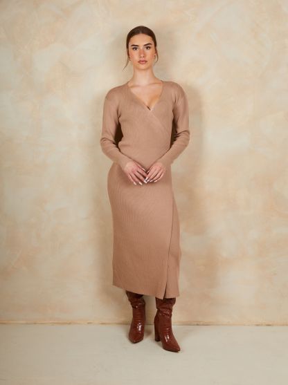 Wrap Split Side Knitted Midi Dress in Camel