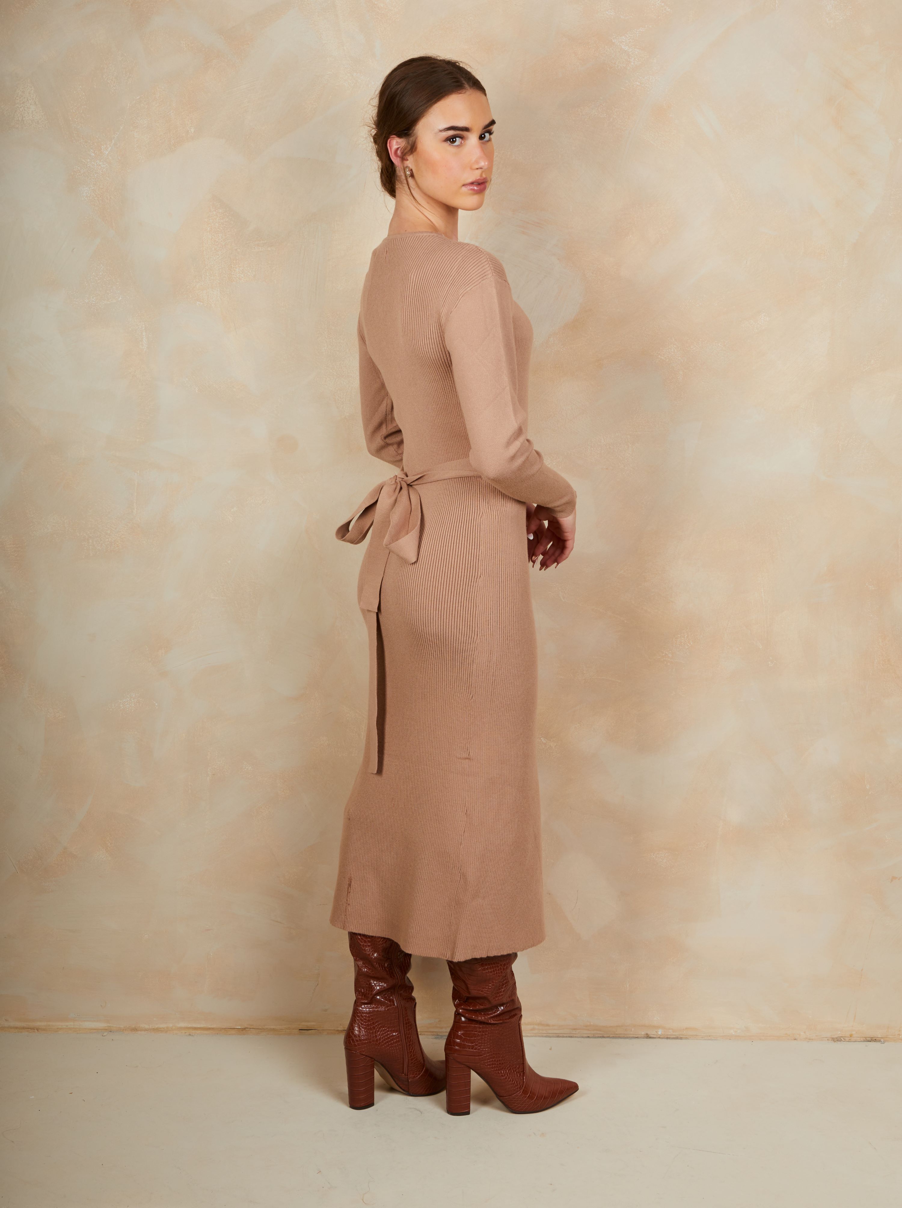 Wrap Split Side Knitted Midi Dress in Camel