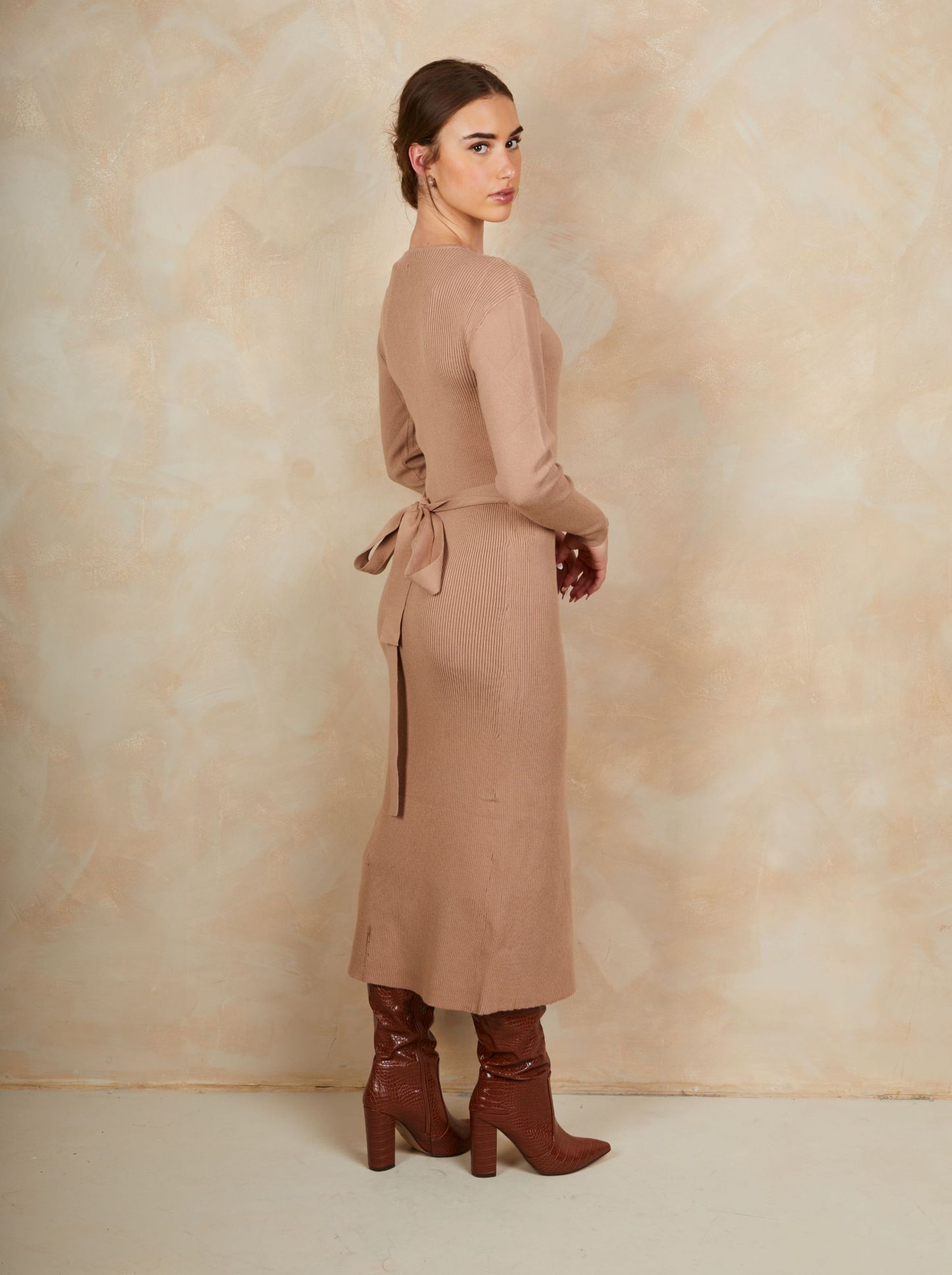Wrap Split Side Knitted Midi Dress in Camel