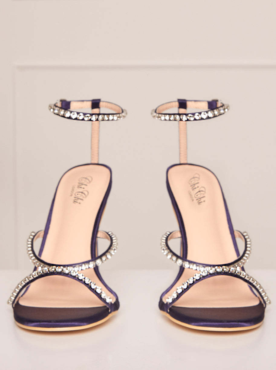 High Heel Diamante Strap Sandals in Navy