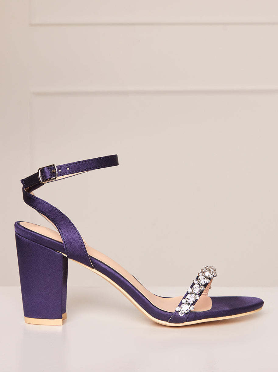 Block Heel Diamante Strap Sandals in Navy