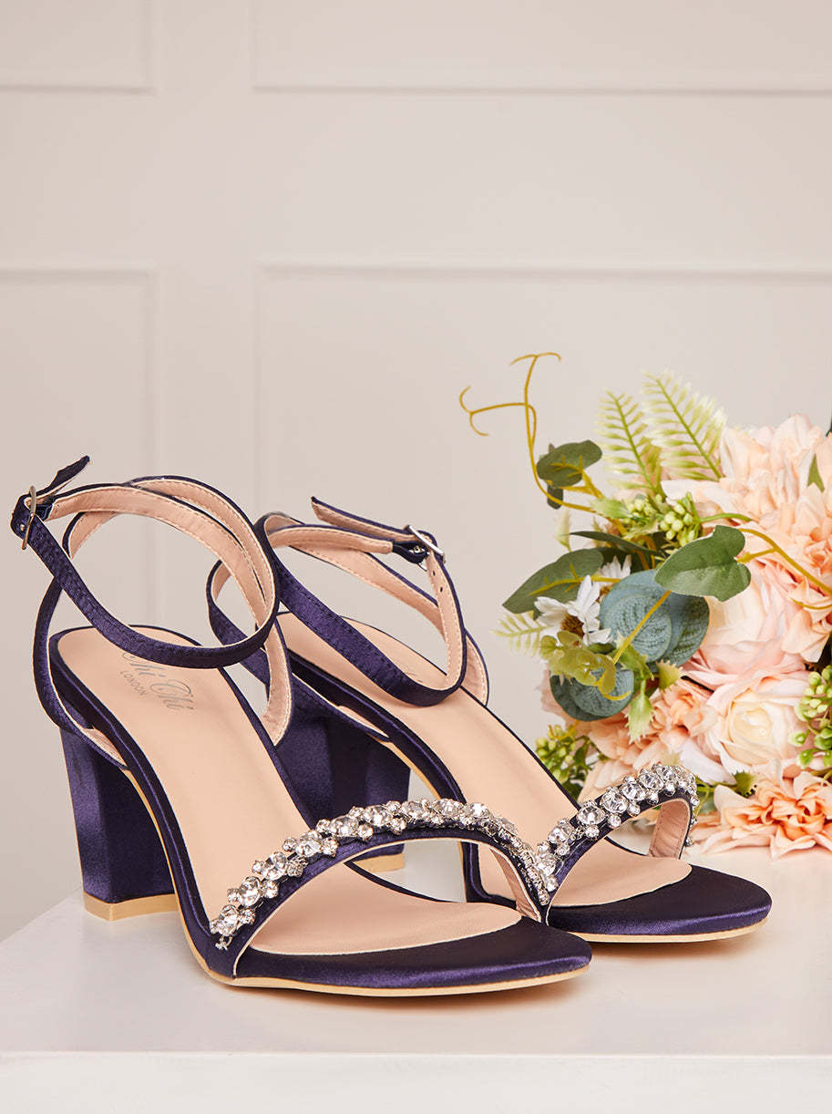 Block Heel Diamante Strap Sandals in Navy