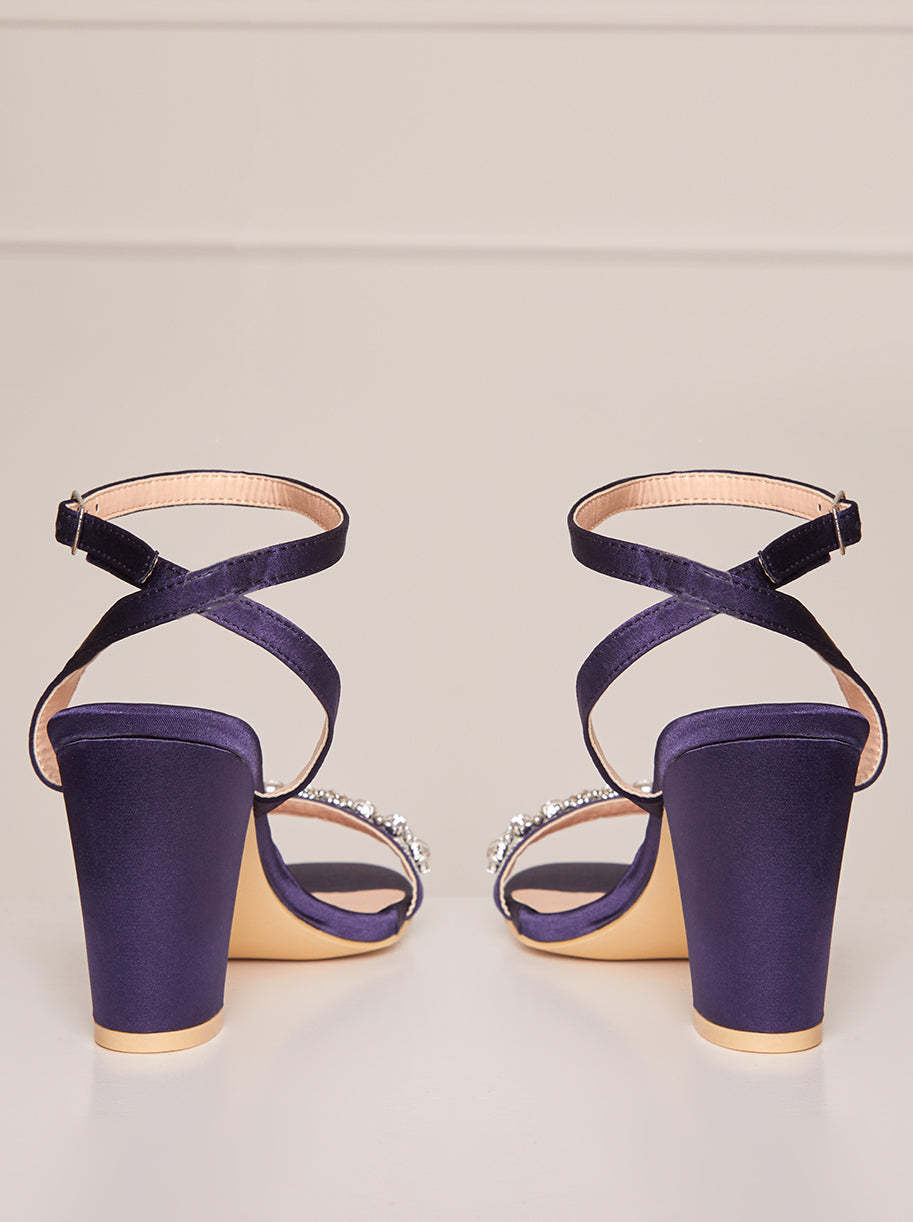 Block Heel Diamante Strap Sandals in Navy