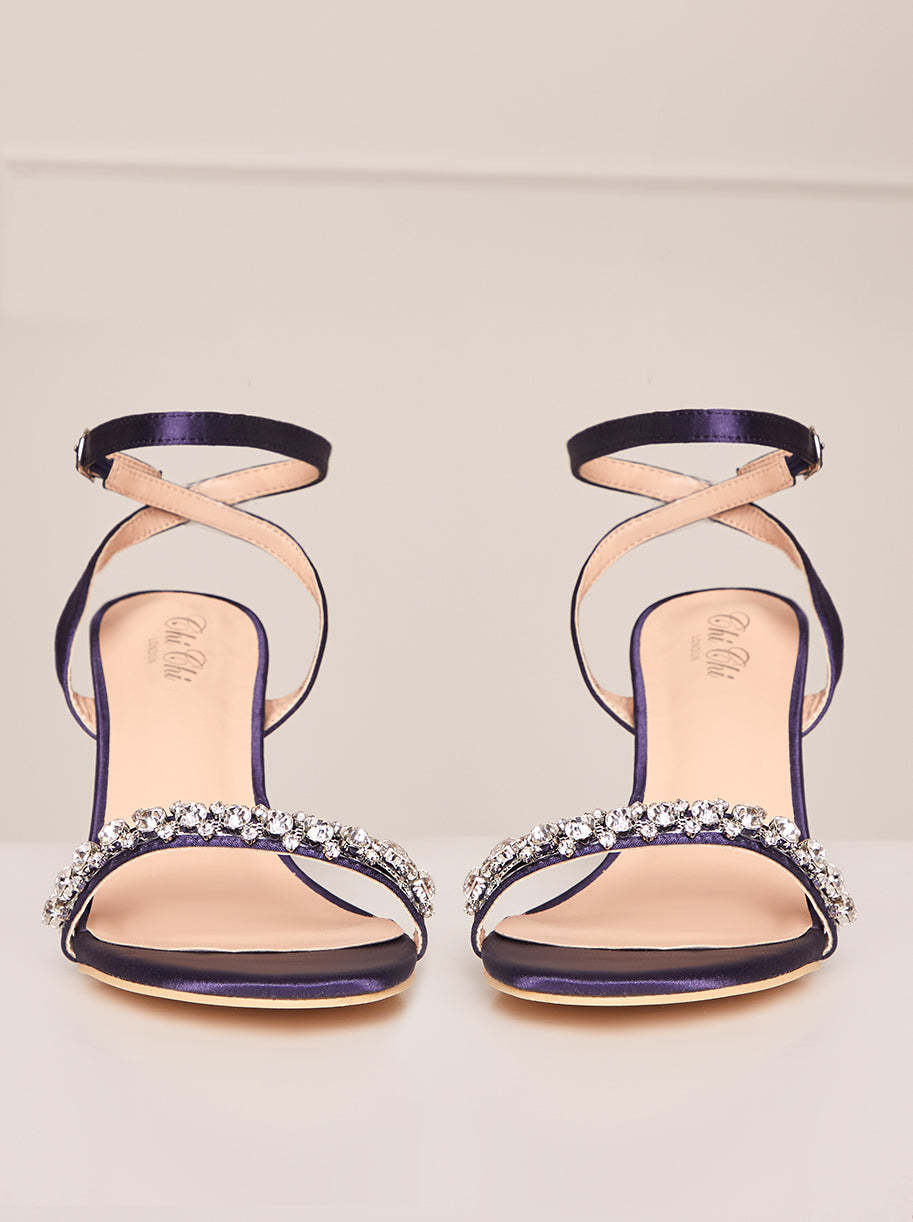 Block Heel Diamante Strap Sandals in Navy