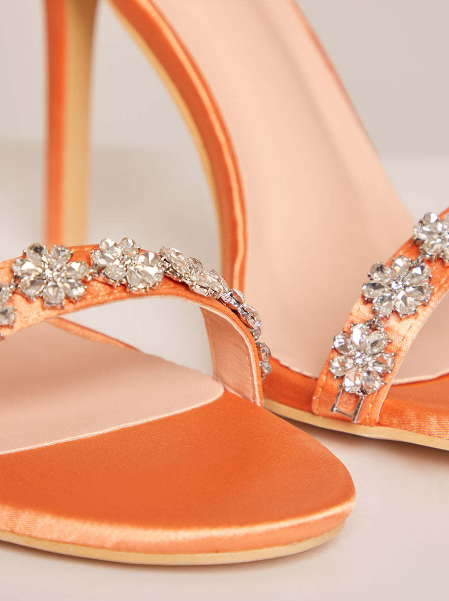 High Heel Diamante Strap Sandals in Orange