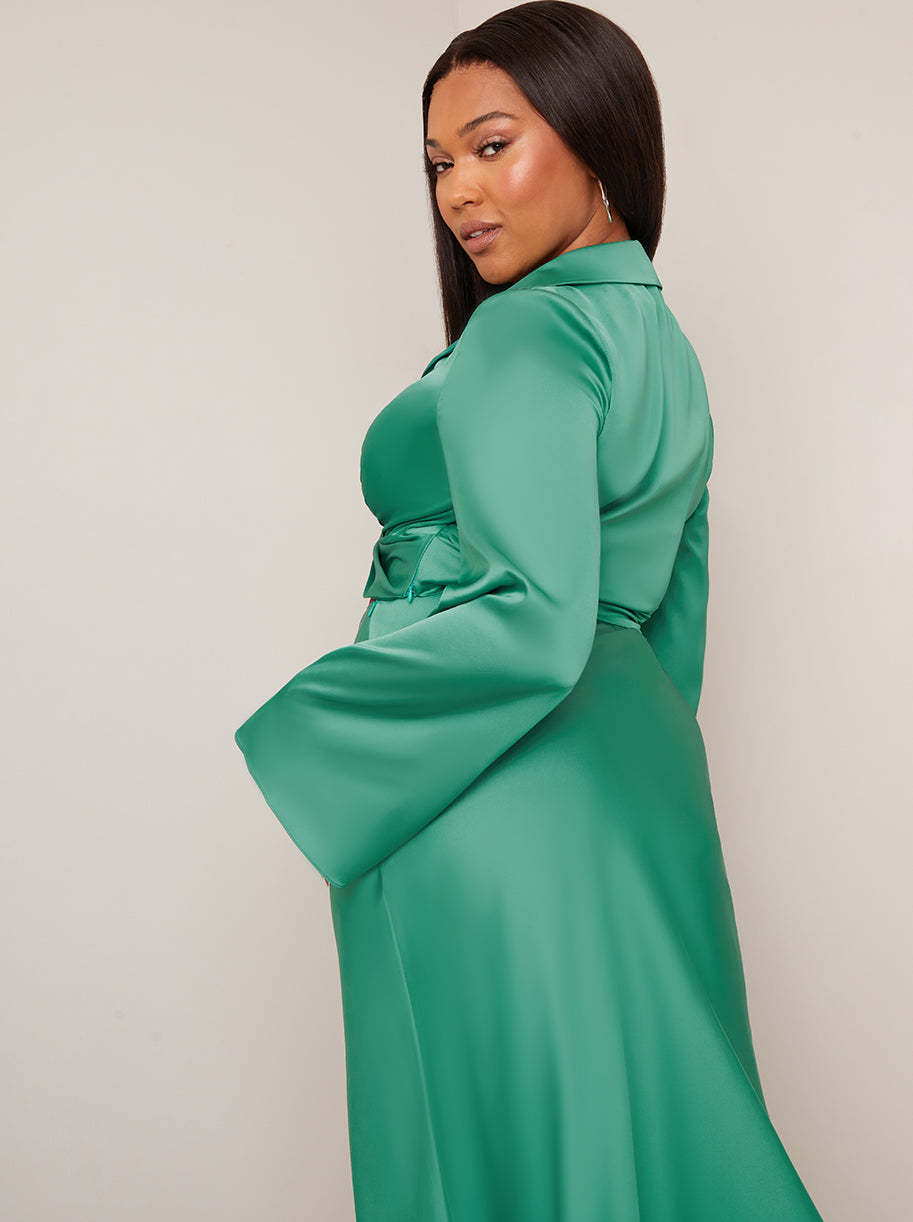 Long Sleeve V Neck Satin Twist Detail Top in Green