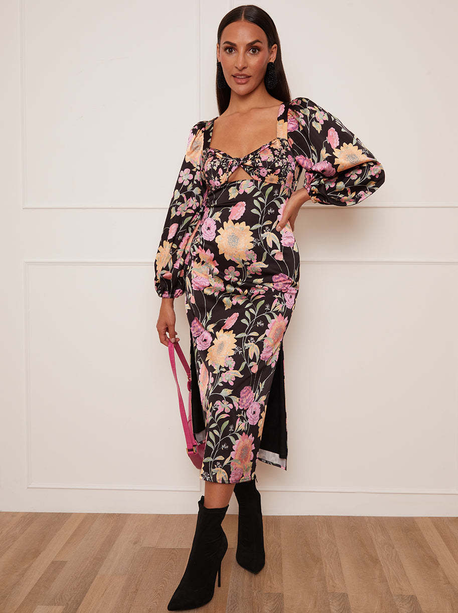 Petite Long Sleeve Cut Out Detail Floral Print Midi Dress in Black Chi Chi London UK