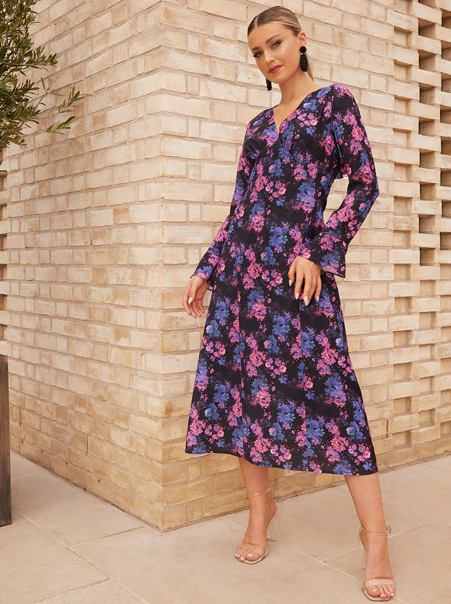 Long Sleeve V Neck Floral Print Midi Dress in Black