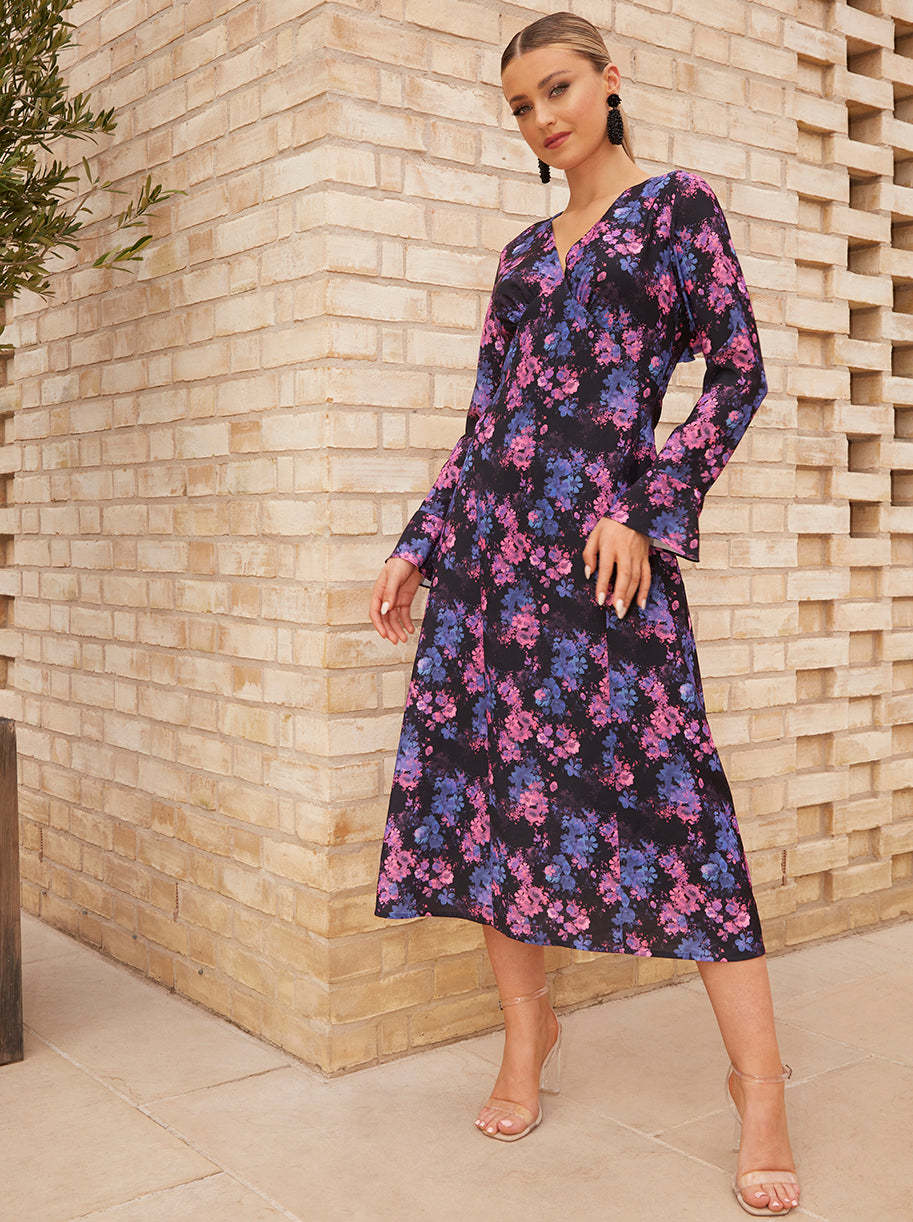 Long Sleeve V Neck Floral Print Midi Dress in Black | Chi Chi London UK