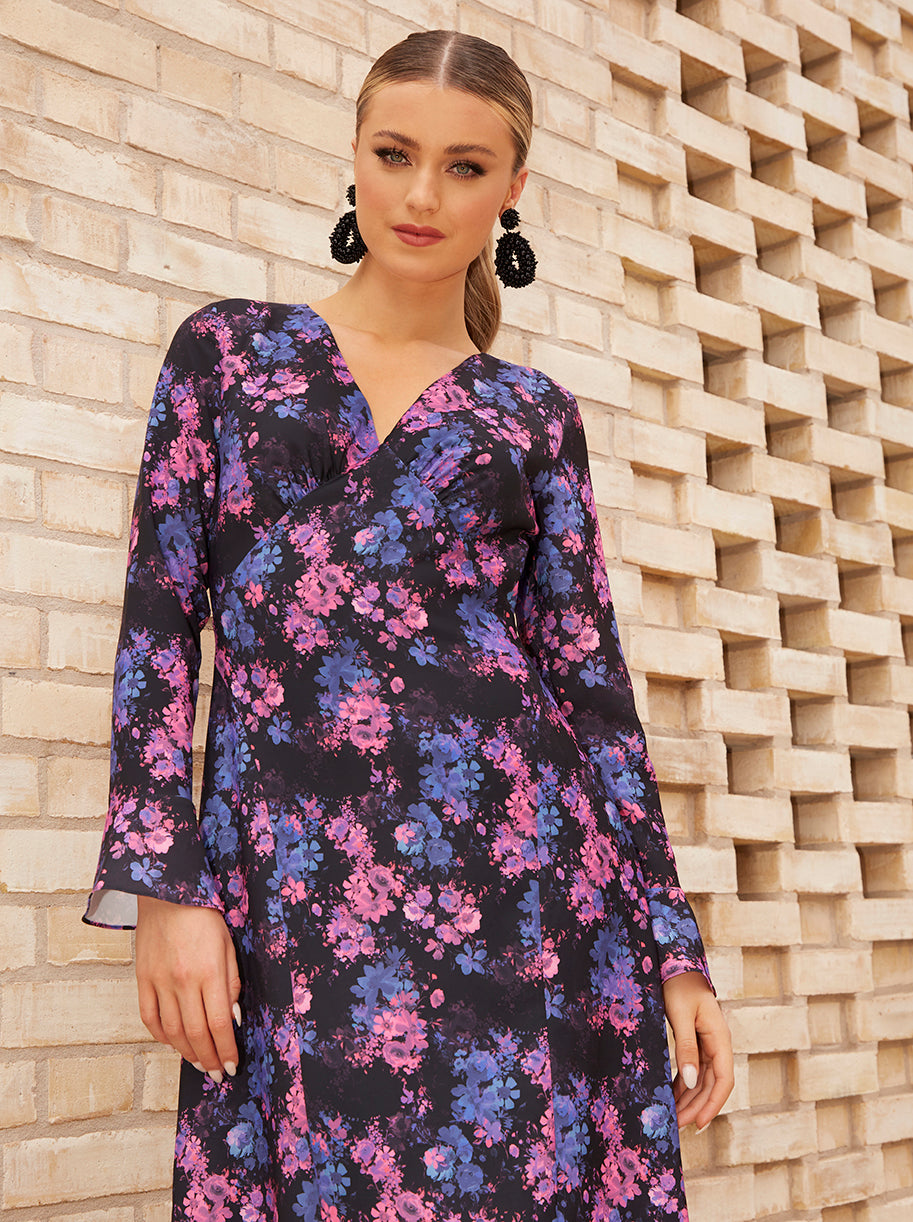 Long Sleeve V Neck Floral Print Midi Dress in Black