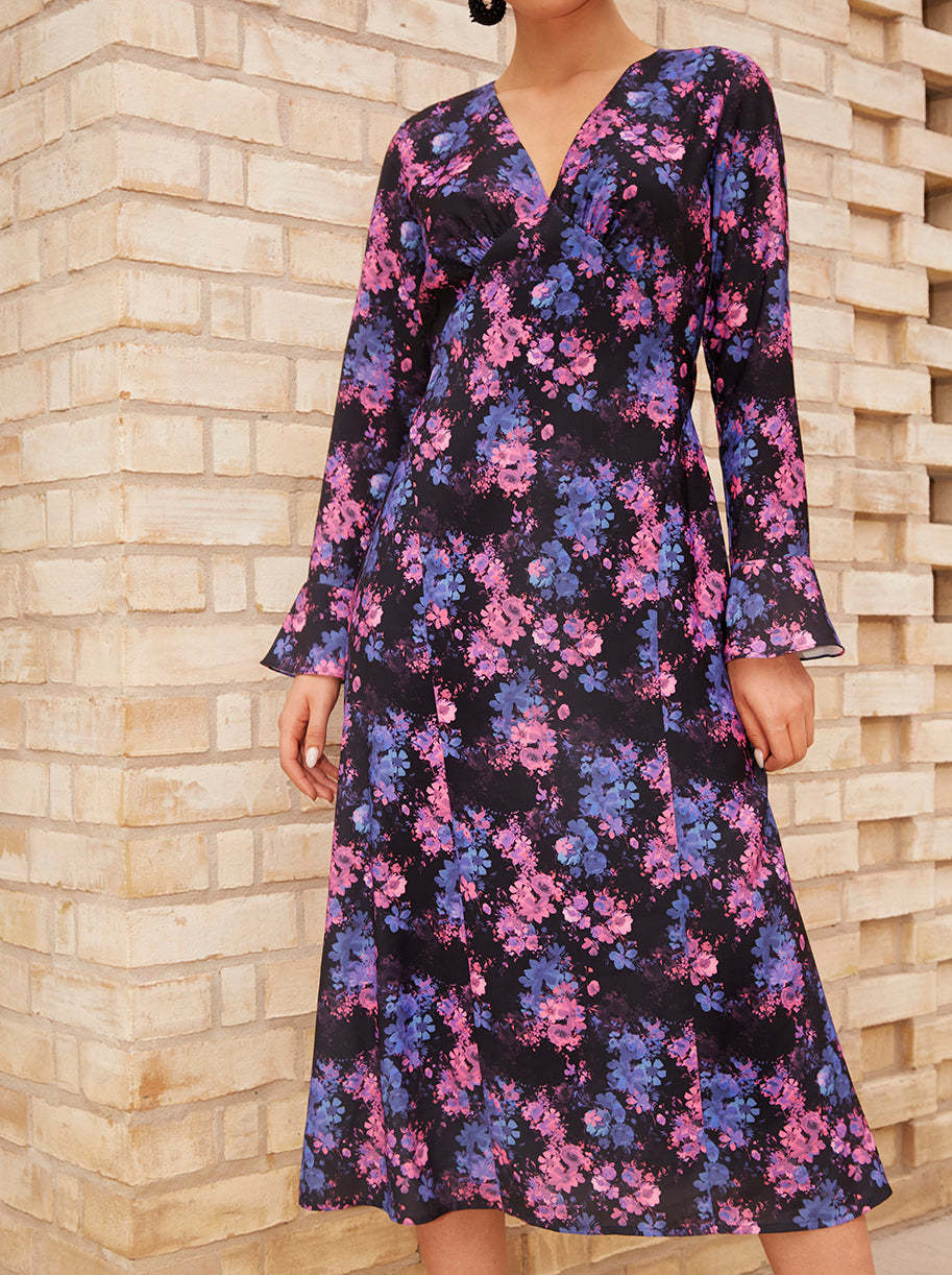 Long Sleeve V Neck Floral Print Midi Dress in Black