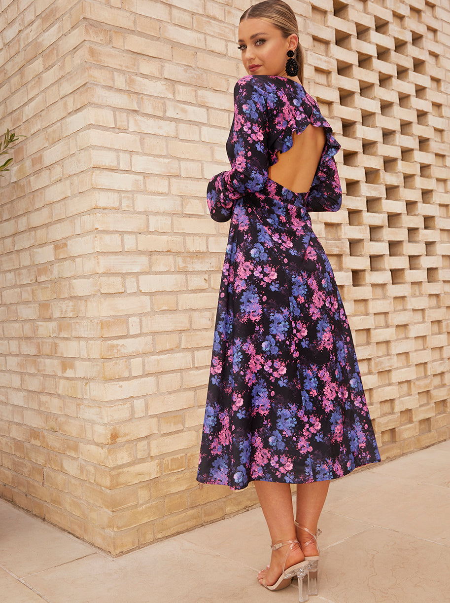 Long Sleeve V Neck Floral Print Midi Dress in Black