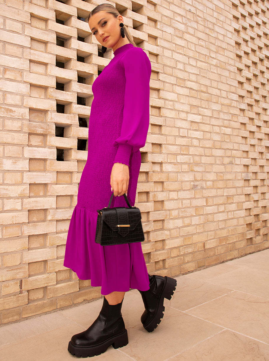 Long Sleeve Shirred Maxi Dress in Pink