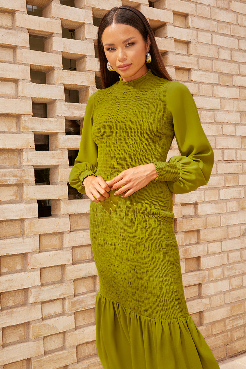 Long Sleeve Shirred Maxi Dress in Green