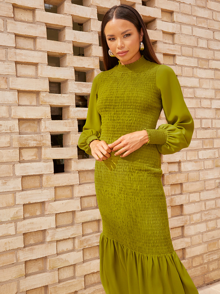 Long Sleeve Shirred Maxi Dress in Green