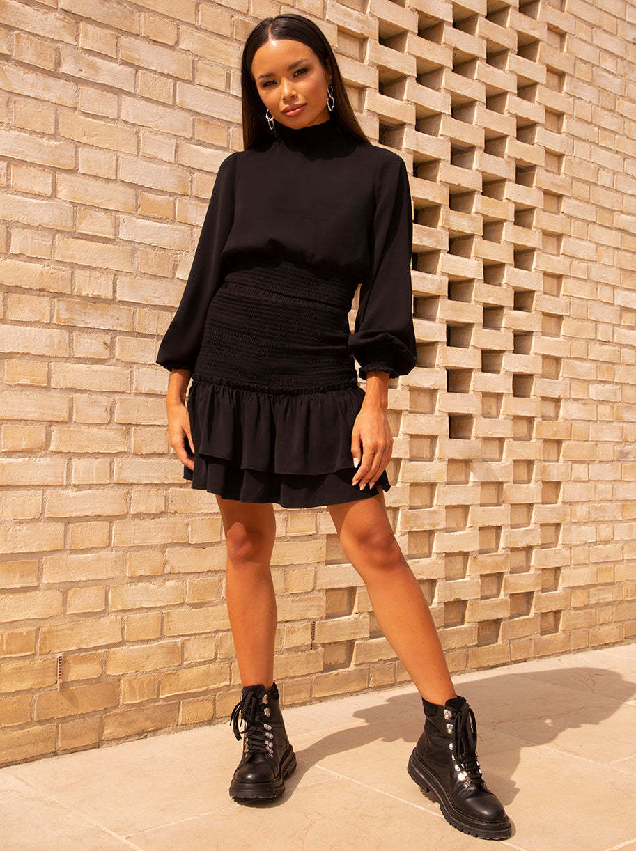 Shirred Ruffle Mini Skirt in Black