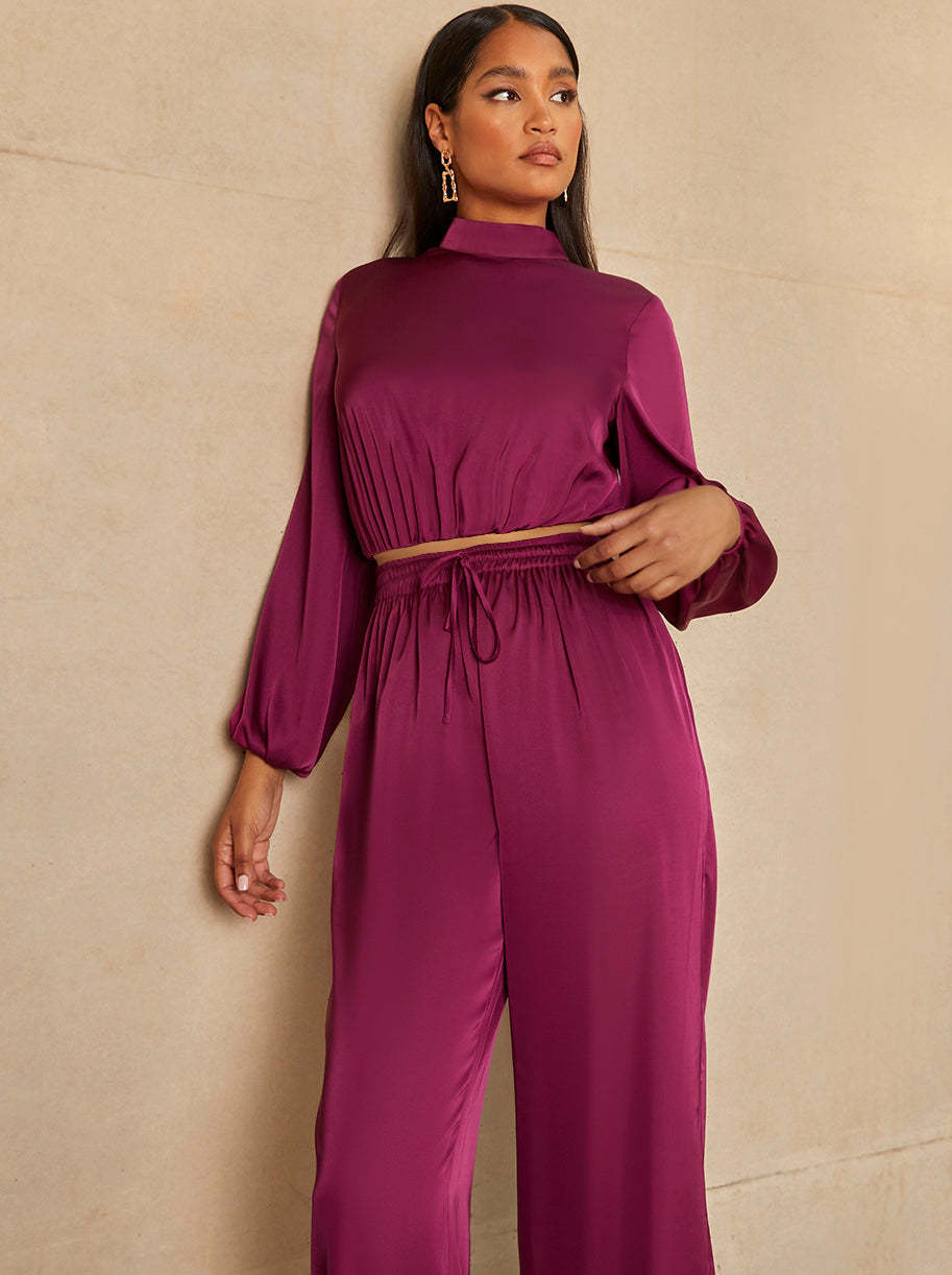 Satin Wide Leg Elasticated Waist Trousers in Berry