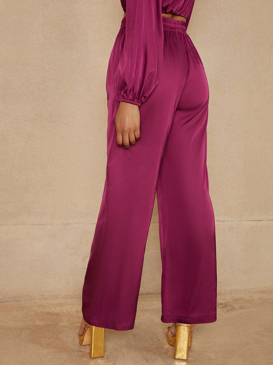 Satin Wide Leg Elasticated Waist Trousers in Berry