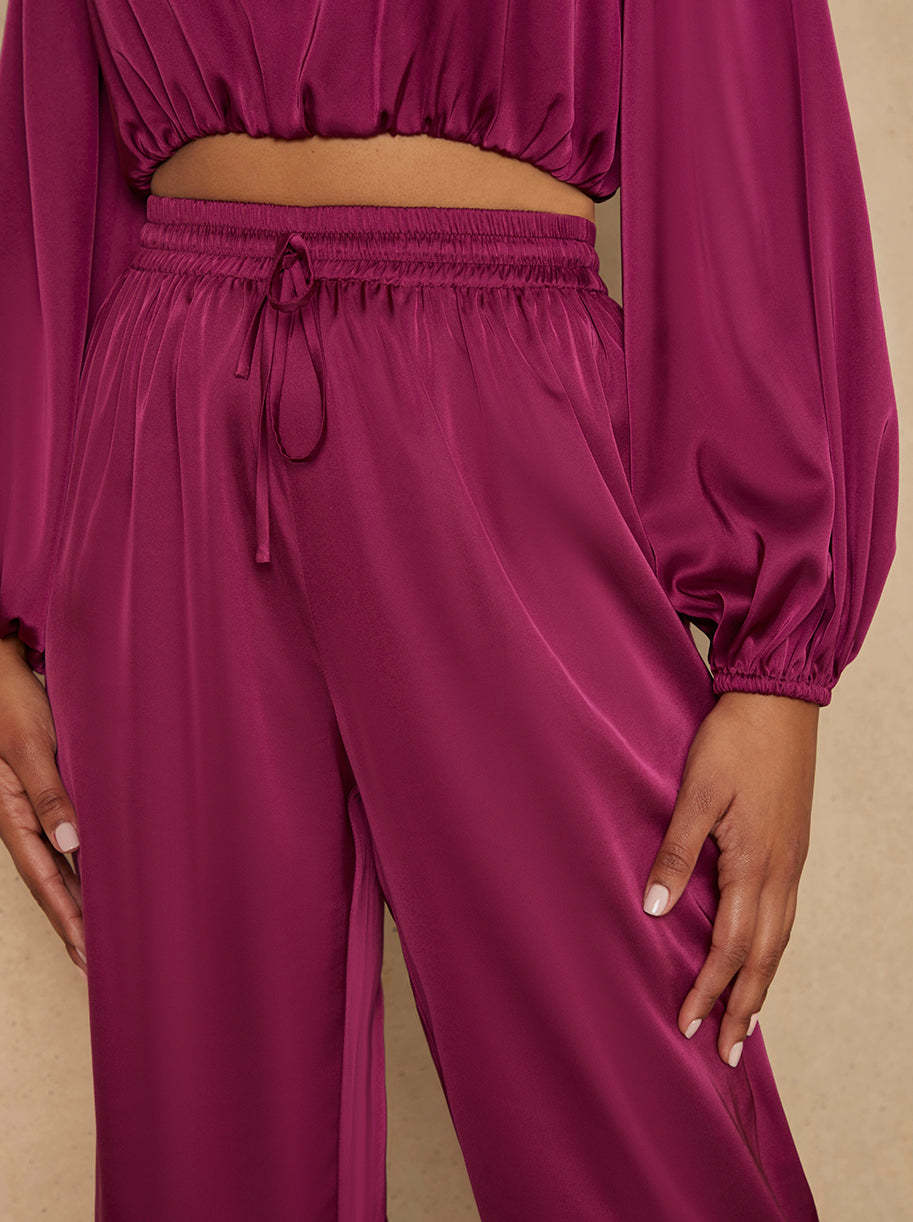 Satin Wide Leg Elasticated Waist Trousers in Berry