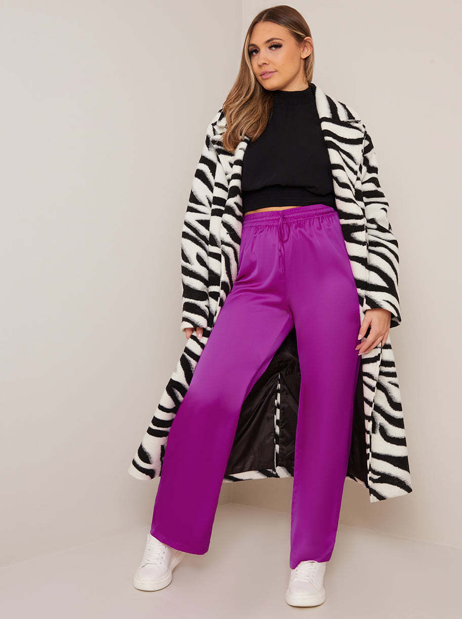 Satin Wide Leg Elasticated Waist Trousers in Fuchsia