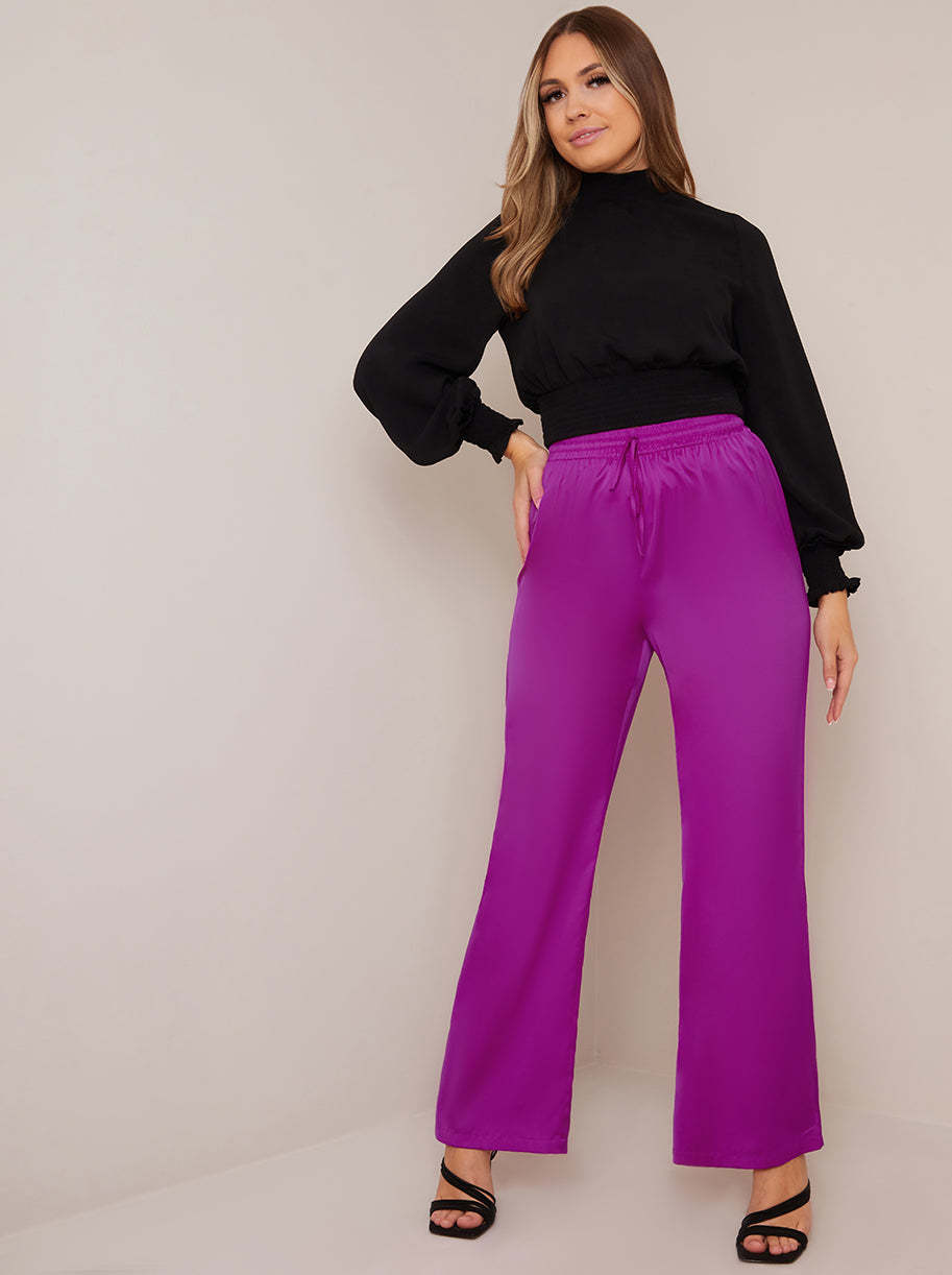 Satin Wide Leg Elasticated Waist Trousers in Fuchsia