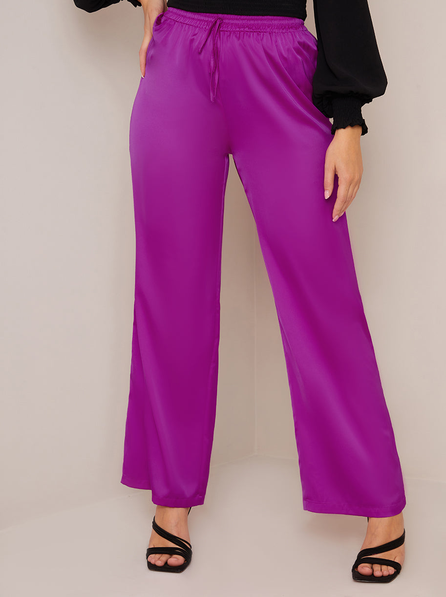 Pink satin wide leg trousers best sale