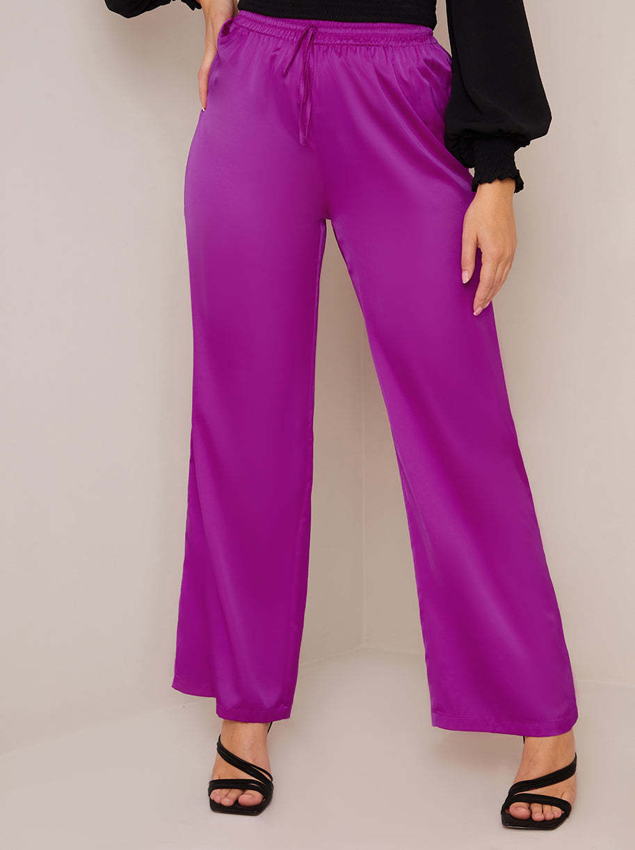 Satin Wide Leg Elasticated Waist Trousers in Fuchsia