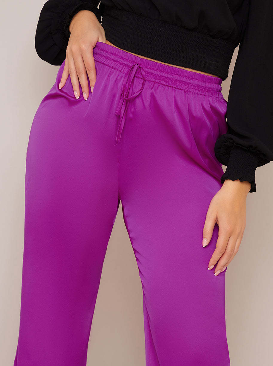 Satin Wide Leg Elasticated Waist Trousers in Fuchsia