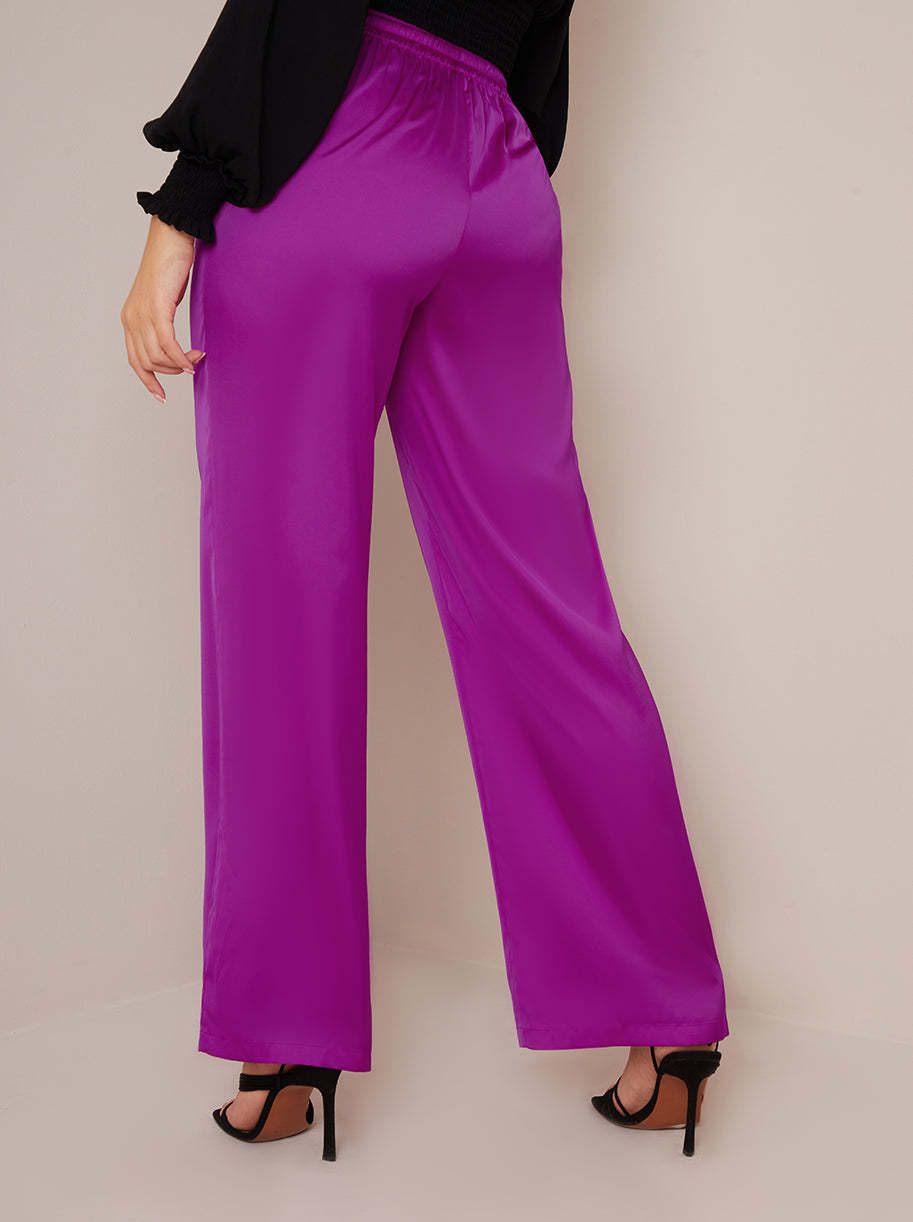 Satin Wide Leg Elasticated Waist Trousers in Fuchsia