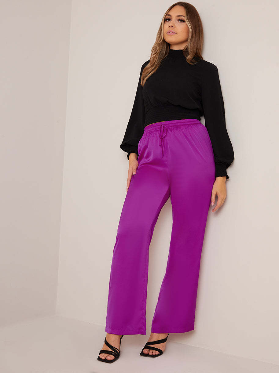 Satin Wide Leg Elasticated Waist Trousers in Fuchsia
