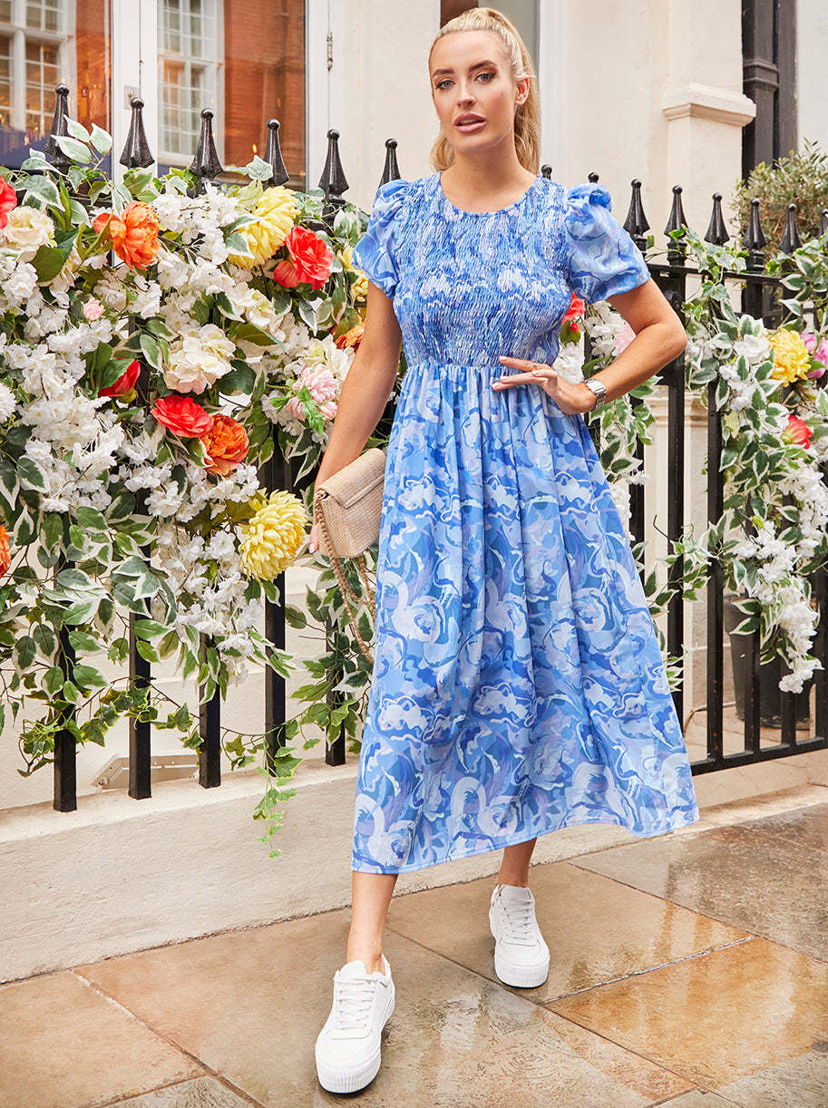 Puff Sleeve Swirl Print Midi Dress in Blue