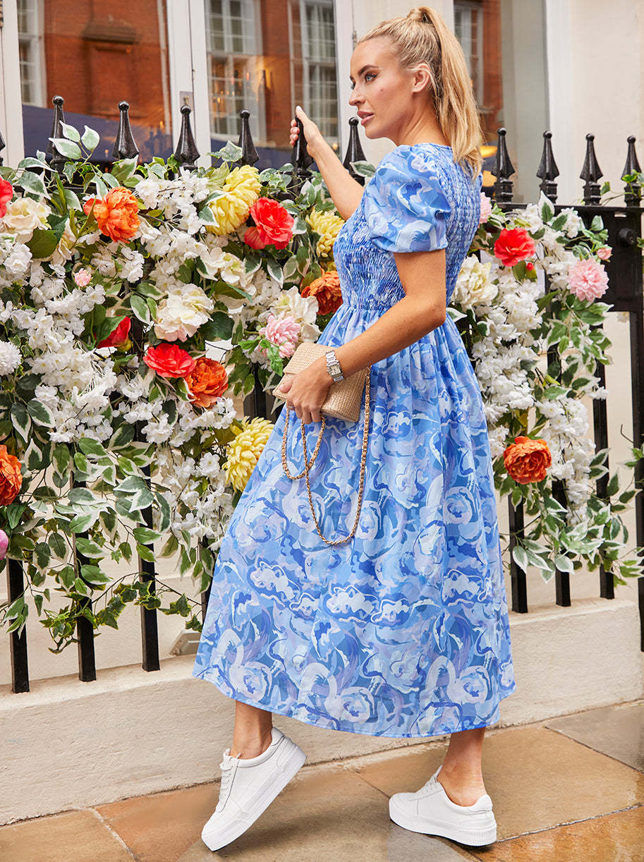 Puff Sleeve Swirl Print Midi Dress in Blue
