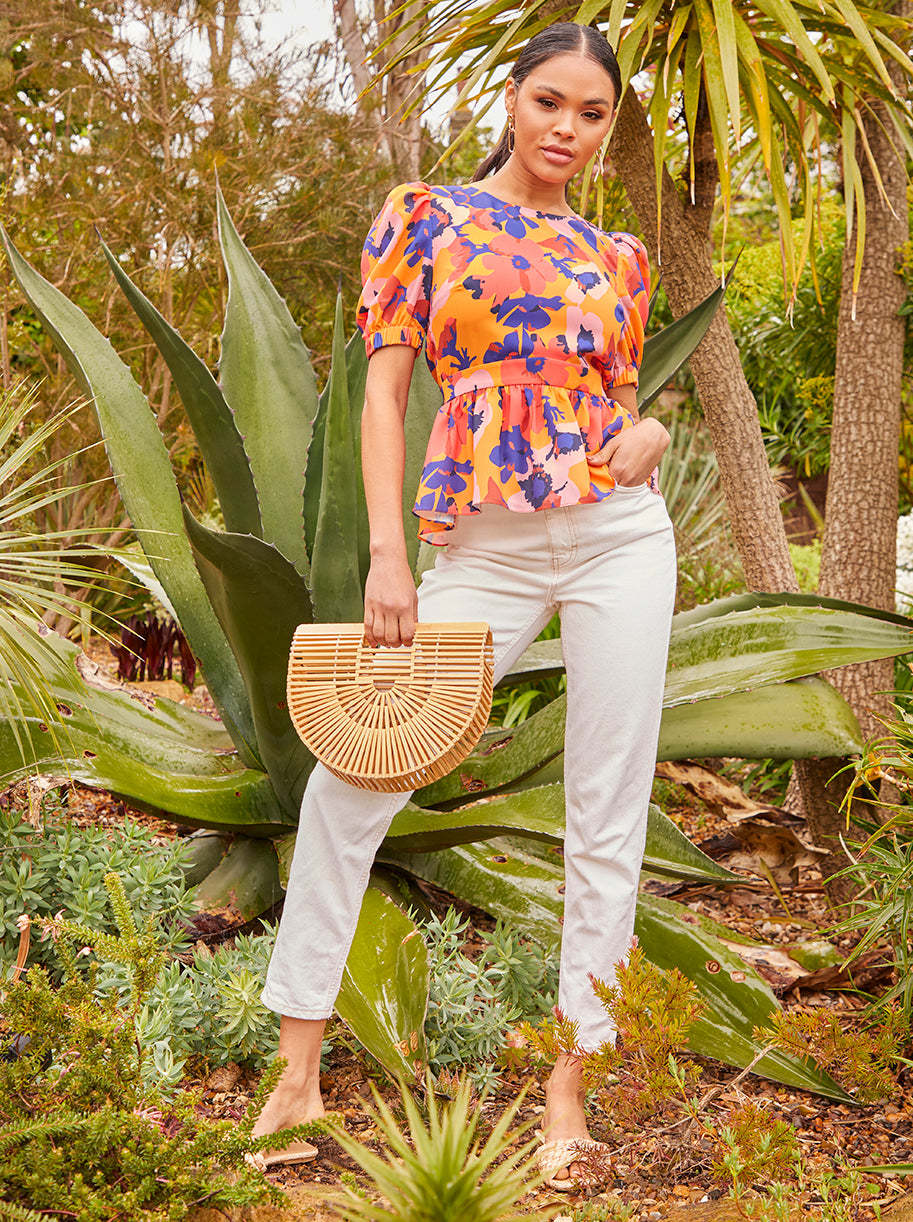 Puff Sleeve Floral Abstract Print Top in Navy