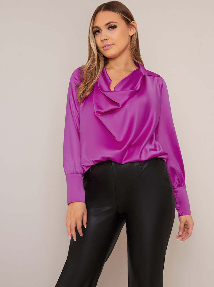 Long Sleeve Cowl Neck Top in Purple