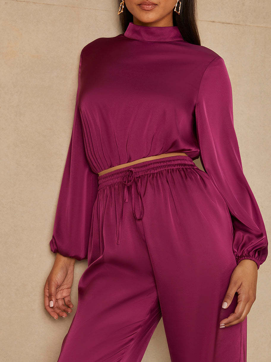 Long Sleeve High Neck Satin Top in Berry
