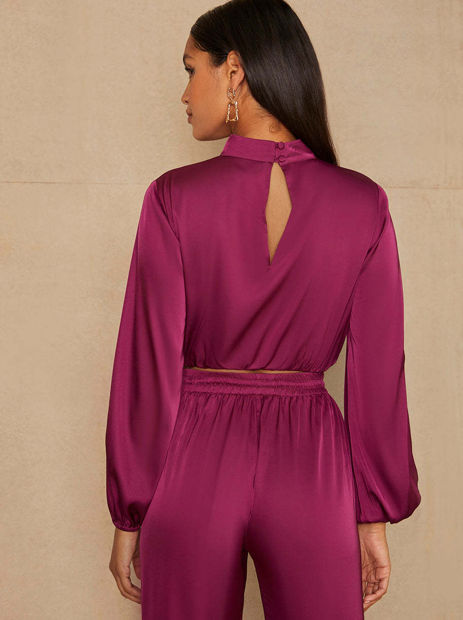 Long Sleeve High Neck Satin Top in Berry