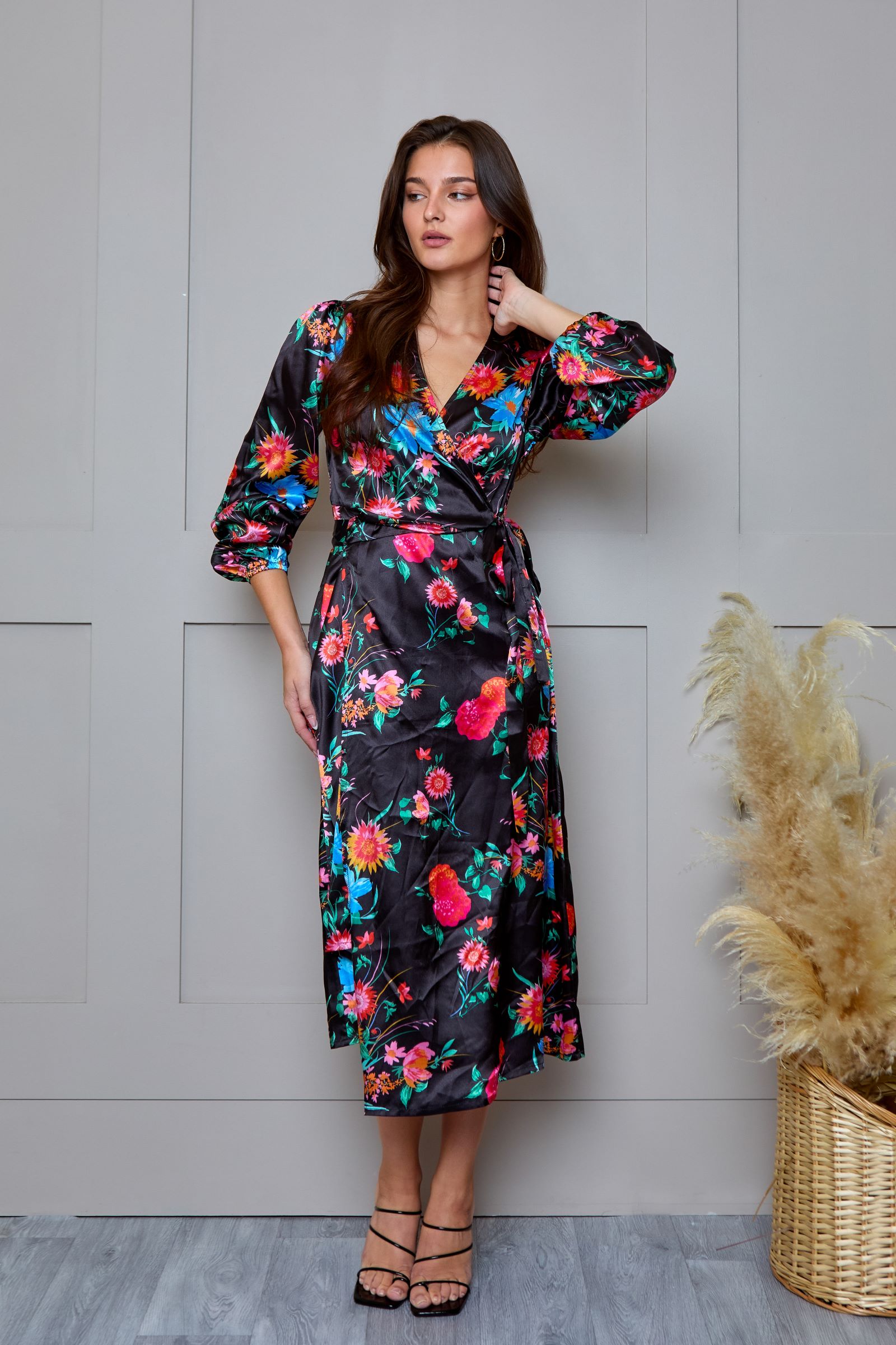 Plus Size Long Sleeve Floral Wrap Dress in Black