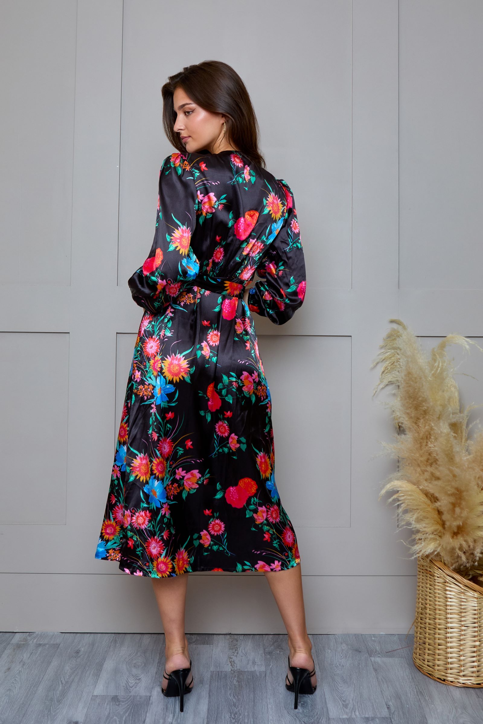 Plus Size Long Sleeve Floral Wrap Dress in Black