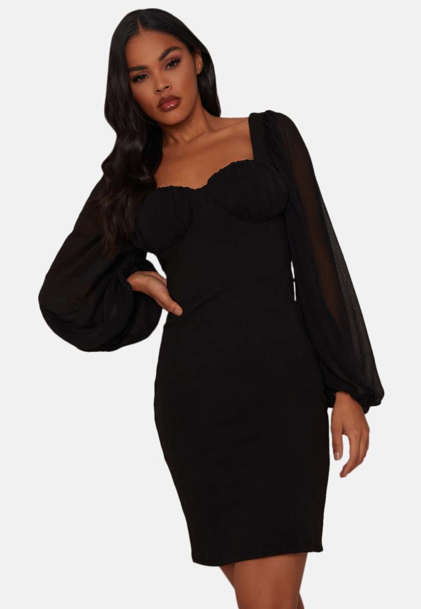 4511016 Black Balloon Sleeve Shift Dress
